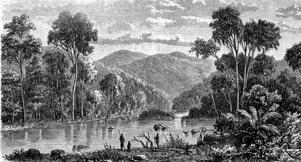 Landscape in the Omeo Mountains in the state of Victoria in Australia, 1880, Historical, digital reproduction of an original from the 19th century