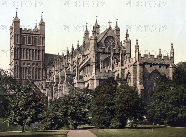 Exeter Cathedral, England, Historical, digitally restored reproduction from a 19th century original, Record date not stated