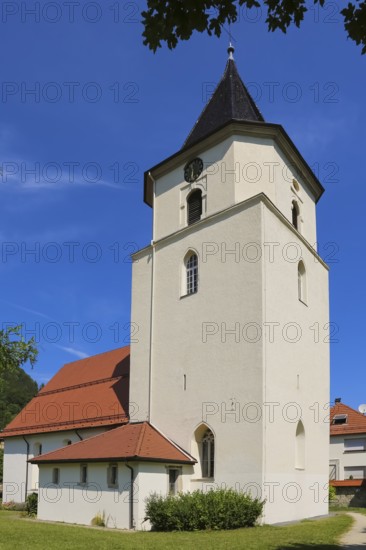 St John's Church ca. 12th century, church building, Protestant church, place of worship, sacral building, at the foot of the Swabian Alb, church tower, clock, Unterhausen, Lichtenstein, district of Reutlingen, Baden-Württemberg, Germany, Europe