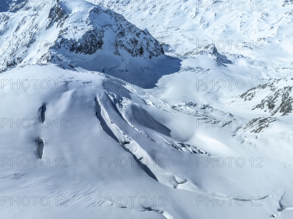Aerial view, snow-covered mountain landscape, glacier with crevasse on Cevedale, Ortler group, Trento, Italy, Europe