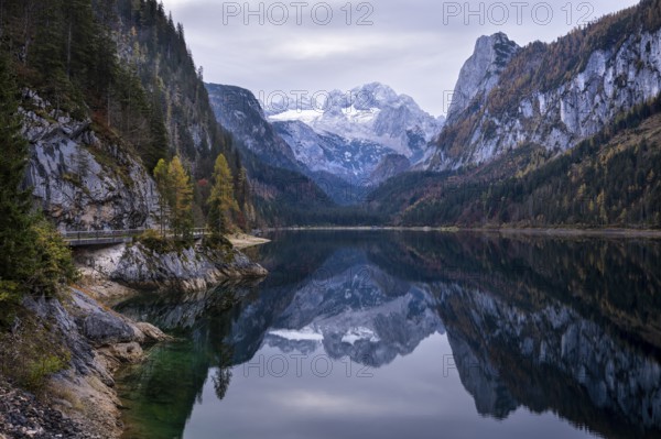 The Vordere Gosausee lake in autumn with a view of the Dachstein mountain range. The Gosaukamm on the right. Cloudy sky. Reflection. Vorderer Gosausee, Gosau, Gosau valley, Salzkammergut, Upper Austria, Austria, Europe