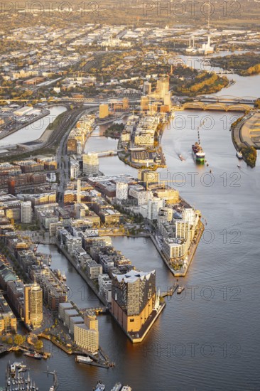 Aerial view of Hamburg harbour at sunset with Elbe, Elbe Philharmonic Hall, Hafen City, Hamburg, Germany, Europe