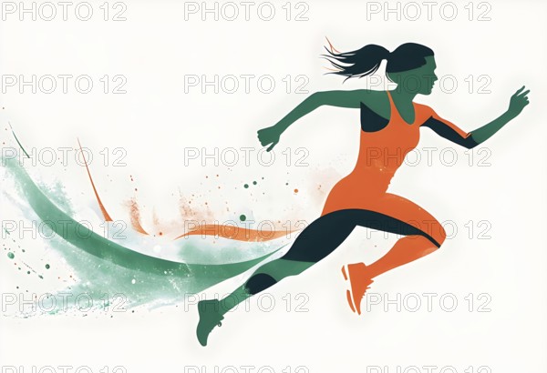 Running athlete illustration as a minimalist silhouette in motion, with dynamic curves and abstract spray in contrasting colors, AI generated