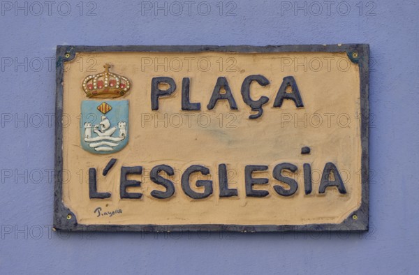Street sign in Valencian, Placa l'Esglesia, Church Square, Villajoyosa, Costa Blanca, Spain, Europe