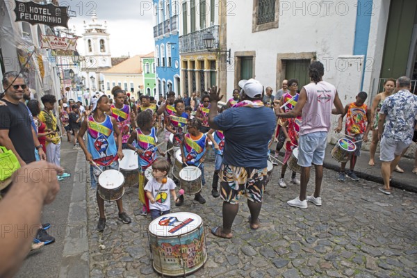Traditional drumming group in the historic old town, Salvador, State of Bahia, Brazil, South America