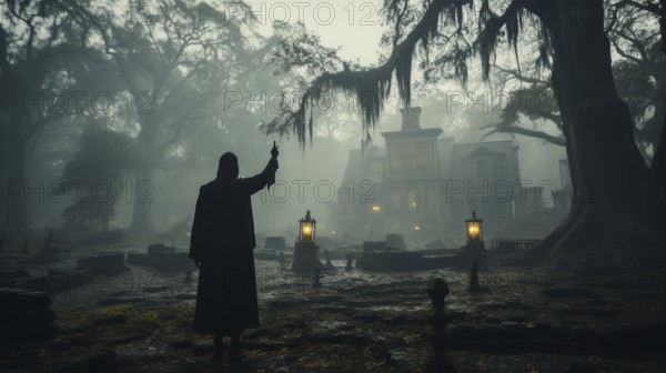 Eerie haunting ghostly silhouetted figure pointing and standing in front of a foggy southern plantation antebellum mansion on halloween night, generative AI