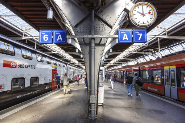 Railway passenger trains of SBB Swiss Federal Railways and Südostbahn at Zurich main station, Switzerland, Europe