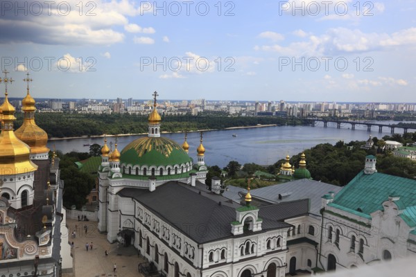 Ukraine, Kiev, View from the bell tower to the monastery complex of the Kiev Cave Monastery, Holy Mary Ascension Monastery, Pecherskaya Lavra, the river Dnieper and the city of Kiev, Kiev, Ukraine, Europe