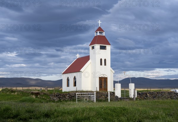 Church in the evening light, Möðrudalur, Icelandic Highlands, Iceland, Europe