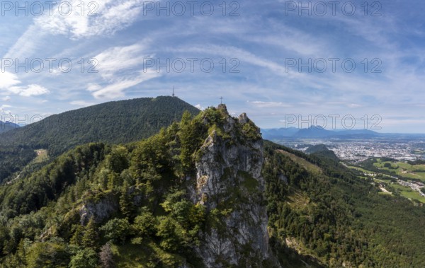Drone shot, Nockstein with view to Gaisberg, Osterhorngruppe, Flachgau, Land Salzburg, Austria, Europe