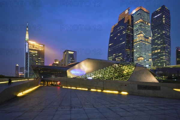 GUANGZHOU, CHINA, APRIL 27, 2018: Guangzhou Opera House designed by famous Iraqi architect architect Zaha Hadid illluminated at night