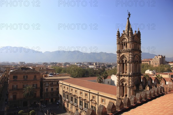 City of Palermo, view from the roof of the Cathedral Maria Santissima Assunta to the west tower with the Archbishop's Palace and the city, UNESCO World Heritage Site, Sicily, Italy, Europe