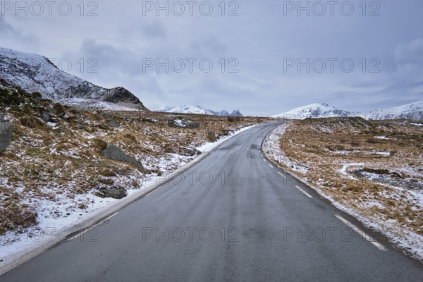 Road in Norwegian fjord. Lofoten islands, Norway, Europe