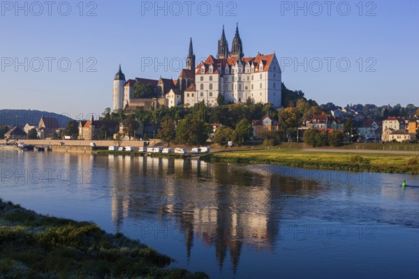 Meissen Castle Hill with Bishop's Palace, Albrechtsburg Castle and Cathedral on the Elbe in the morning light