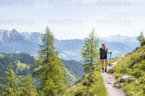 Hiker on hiking trail, Berchtesgaden Alps, Tyrol, Austria, Europe