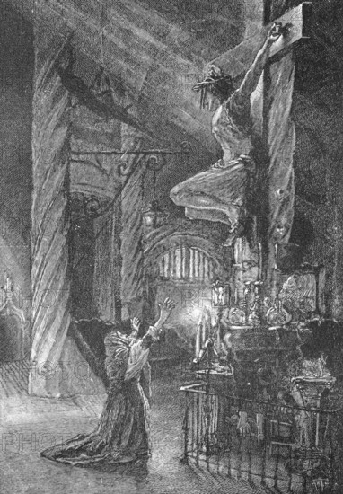In front of the crucifix, Lisbon, nave, columns, candles, woman, spreading arms, looking up, adoring, supplicating, Portugal, historical illustration c. 1898, Europe