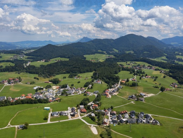 Drone image, village of Koppl, Osterhorngruppe, Flachgau, province of Salzburg, Austria, Europe