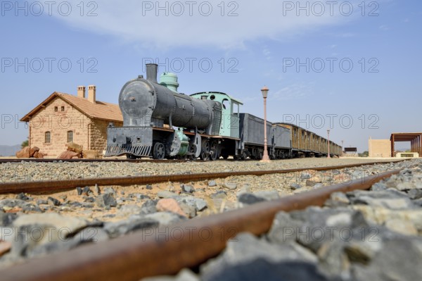 Historic train of the Hejaz Railway in the renovated station of Hegra, Madaa in Salih, AlUla region, Medina province, Saudi Arabia, Arabian Peninsula, Asia