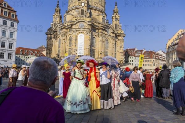 Dresden celebrated the 250th birthday of Caspar David Friedrich with a birthday party and a big city bet between Greifswald and Dresden, The Romantic's Duell. In Dresden 2033 people appeared in disguise and in Greifswald 2241, so Greifswald won the bet, city bet on the Neumarkt, Düll der Romantiker, Dresden, Saxony, Germany, Europe