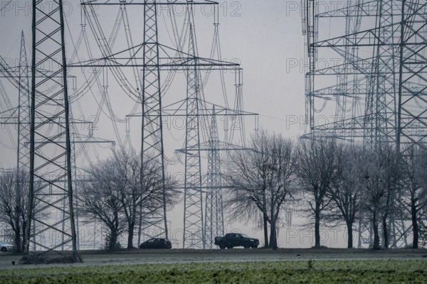 Large power line, 380 KV extra-high voltage lines, near Rommerskirchen, in fog, winter, country road L93 to Stommeln, North Rhine-Westphalia, Germany, Europe