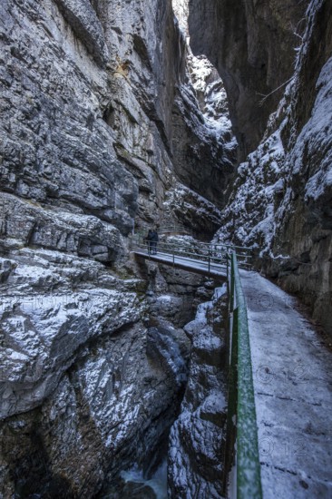 Winter, snowy landscape, hiking trail through the Breitachklamm gorge near Oberstdorf, Oberallgäu, Allgäu, Bavaria, Germany, Europe