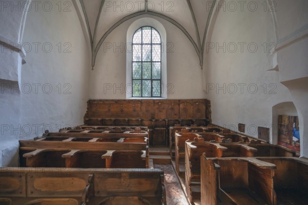 Benches in a side section for mayors and councillors in the High Gothic church of St Martin, Memmingen, Bavaria, Germany, Europe