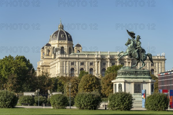 The equestrian statue of Archduke Karl on Heldenplatz and the Natural History Museum in Vienna, Austria, Europe