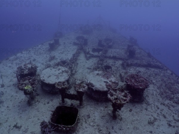 A ship deck covered with coral lies in the sea, dive site wreck of the USS Spiegel Grove, John Pennekamp Coral Reef State Park, Key Largo, Florida Keys, Florida