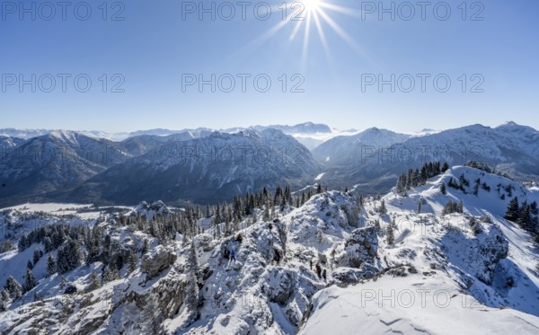 Snow-covered mountain landscape, view of ridge and mountain panorama at Teufelstättkopf, Sonnenstern, Ammergau Alps, Bavaria, Germany, Europe