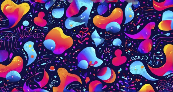 Abstract illustration features a seamless pattern of whimsical hand-drawn shapes and icons in vibrant colorful hues, AI generated