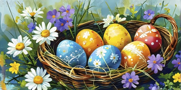 Illustration of of vibrant colored Easter eggs in a wicker basket, surrounded by delicate spring flowers, AI generated