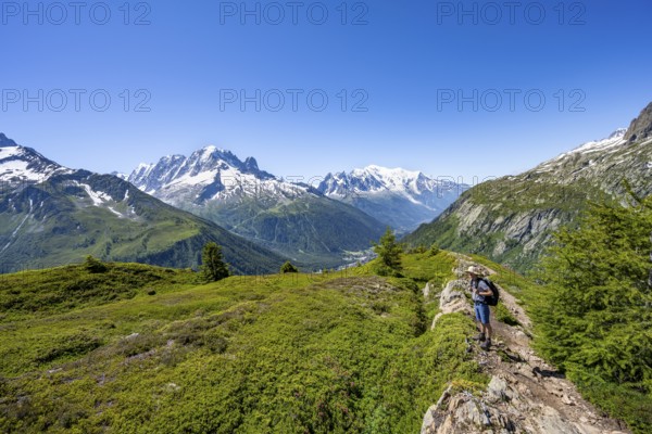 Mountaineer in front of a mountain panorama with glaciated mountain peaks, Aiguille Verte with Aiguille du Midi and Mont Blanc, hike to Aiguillette des Posettes, Chamonix, Haute-Savoie, France, Europe