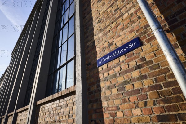 Power plant Mitte Dresden, New Objectivity architecture, brick architecture, facade with windows, frog perspective, street sign Alfred-Althus-Straße, Dresden, state capital, independent city, Saxony, Germany, Europe
