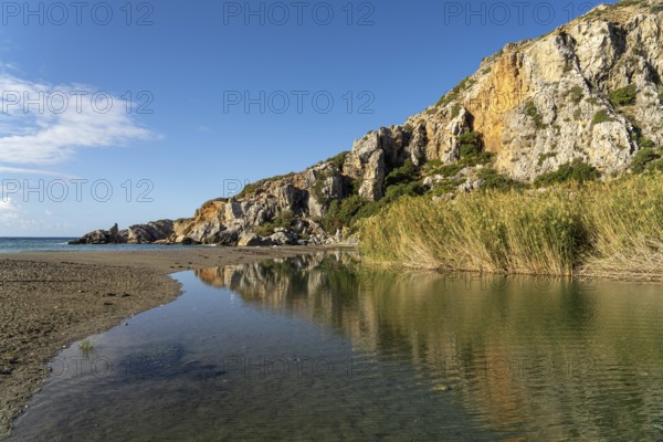 Mouth of the river Megalopotamos at the palm beach of Preveli, Crete, Greece, Europe