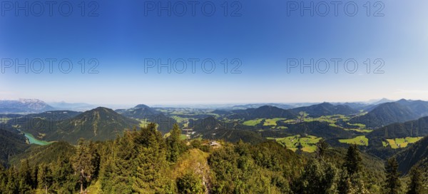 Drone image, summit cross on the Ochsenberg with Wiestal reservoir, Osterhorn group, Salzkammergut, Salzburg province, Austria, Europe