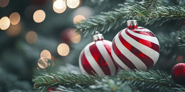 Christmas banner with bauble ornaments with red and white stripes on tree with copy space. Generative AI, AI generated