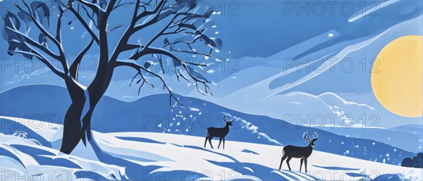 Abstract minimalist winter scene with a single, sharp silhouette of a deer and of a snow-covered tree on a vast, white canvas, AI generated