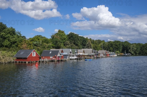 Schwerin, Mecklenburg-Vorpommern, Germany, boathouses on the Ziegelsee, in the 1970s some sections of the shore were developed with many boathouses and today the area is increasingly developing into an attractive residential location under the motto Living on the water in the seven-lake landscape in Schwerin, Europe