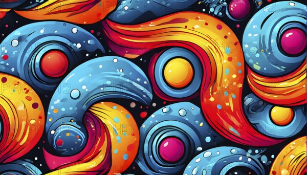 Abstract illustration features a seamless pattern of whimsical hand-drawn shapes and icons in vibrant colorful hues, AI generated