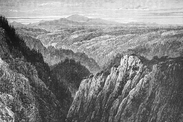 The Brocken with the Bode Valley, low mountain range and Harz National Park, forest area, Saxony-Anhalt, geological history, travel, Germany, historical illustration 1885, Europe