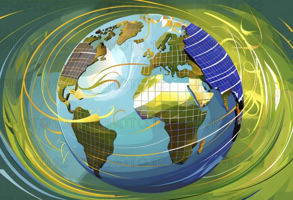 Illustration of a globe composed of triangular solar panels and swirling wind patterns, symbolizing global renewable energy, AI generated