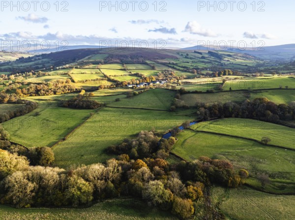 Farms over Trecastle from a drone at sunset, Brecon Beacons National Park, Powys, Wales, England, United Kingdom, Europe