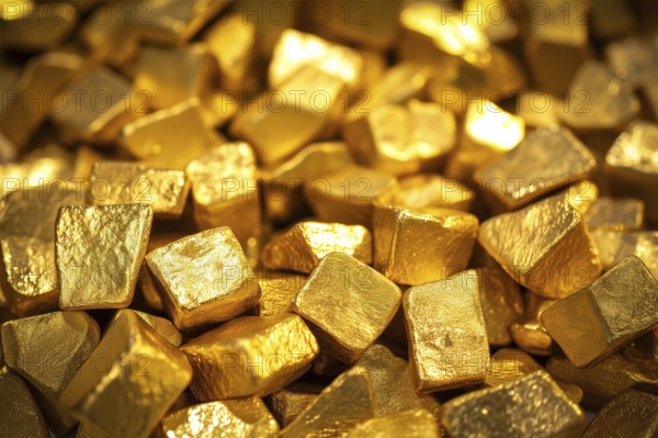 Pile of shiny glittering golden nuggets close up, AI generated