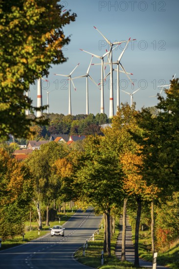 Wind farm near Lichtenau, federal road B68, wind turbines, autumn, North Rhine-Westphalia, Germany, Europe