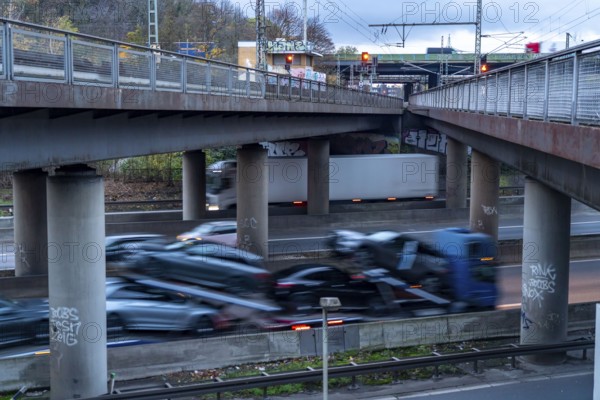 The Kaiserberg motorway junction, A40 motorway, Ruhr expressway, crosses the A3, bridge landscape, motorway bridges and railway bridges, called Spagetti junction, Duisburg, North Rhine-Westphalia, Germany, Europe