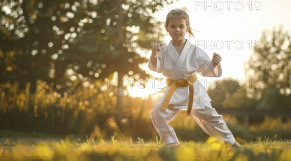 Young children practice martial art in kimono and developing karate and kong fu strength., AI generated