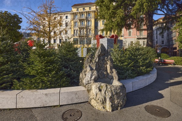 Christmas market in Piazza Manzoni, Christmas trees, decoration Christmas package, general architecture, Lugano, district of Lugano, canton of Ticino, Switzerland, Europe