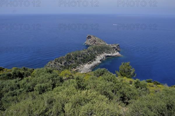Sa Foradada peninsula with rock hole, between Deià and Valldemossa, Majorca, Balearic Islands, Spain, Europe