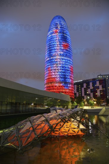 Torre Agbar, architect Jean Nouvel, at dusk, Avinguda Diagonal, Barcelona, ??Catalonia, Spain, Europe