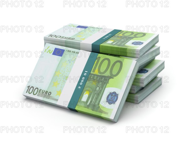 Creative business finance making money concept, stack of 100 euro banknotes bills bundles isolated on white background